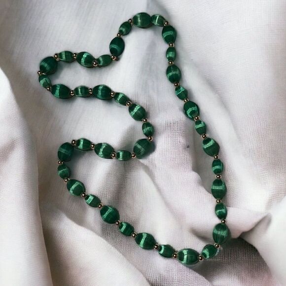 Satin Green Beaded Necklace 15” H Vintage 50’s - Picture 1 of 4